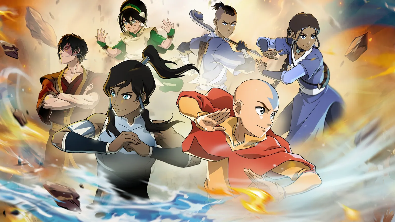 Avatar Legends: The Fighting Game key art showcasing Water, Earth, Fire, and Air element bending clash mechanics