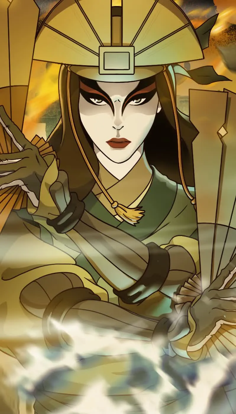 Avatar Legends: The Fighting Game Avatar Kyoshi character portrait activating War Fan armor deflect and heavy Earth shatter strike