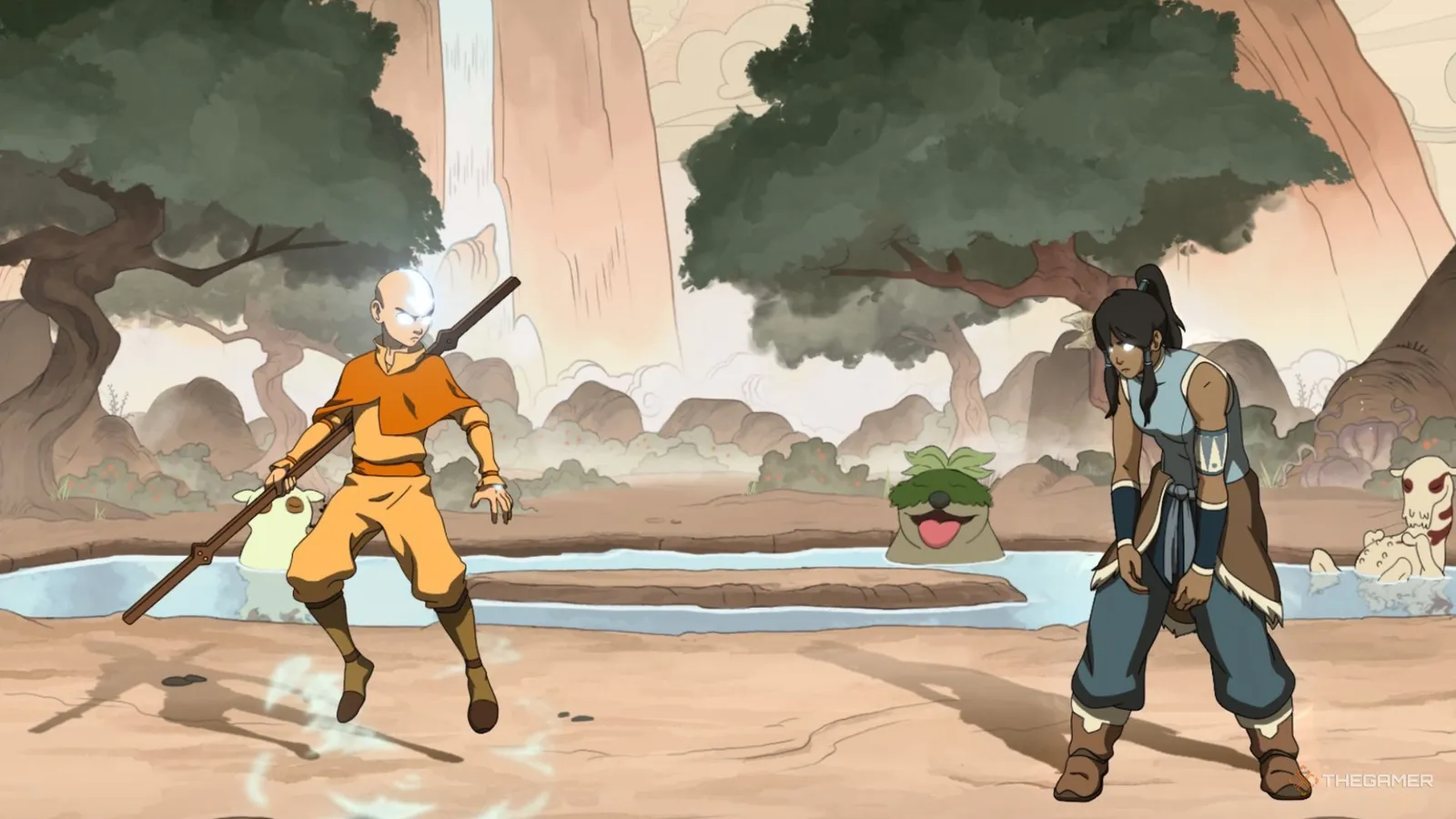 Avatar Legends: The Fighting Game Nightmare Korra boss clash against Avatar State Aang unleashing Dark Flame supercombo