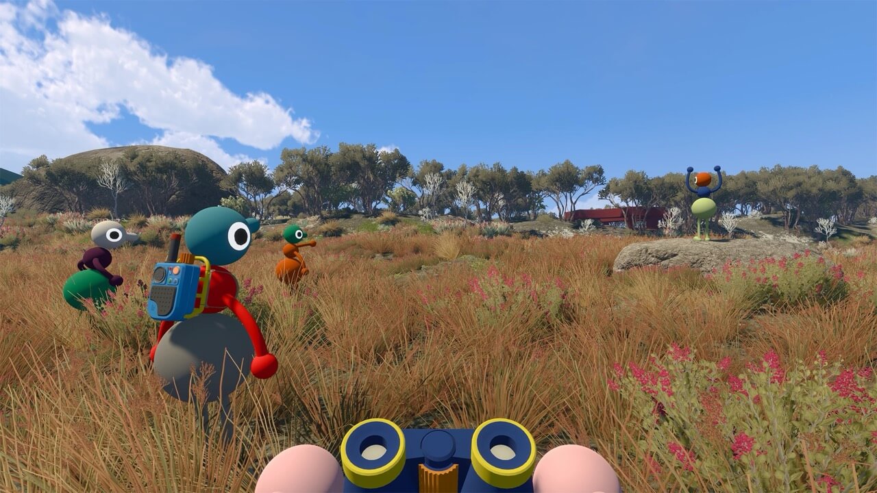 Looking through a telescope to spot puzzle locations.