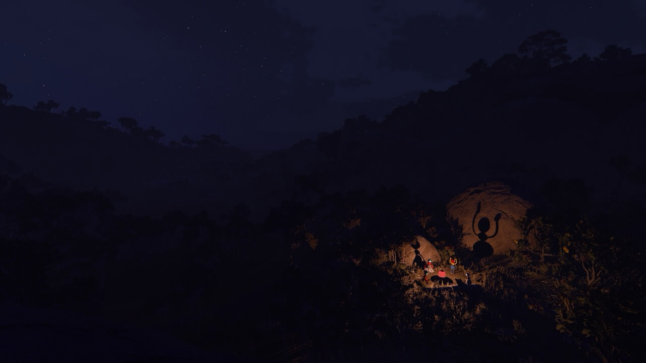Players gather around a campsite in Big Walk.