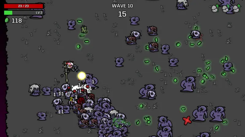 Brotato local co-op multiplayer arena action showing multiple potatoes fighting alien waves