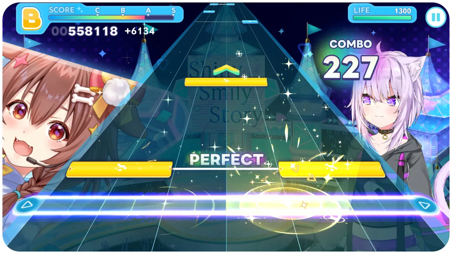 hololive Dreams rhythm Live with falling notes across six lanes.