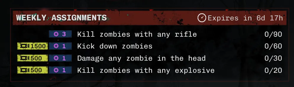 No More Room in Hell 2 Responder Weekly Assignments menu showing merit progress and achievement tracking