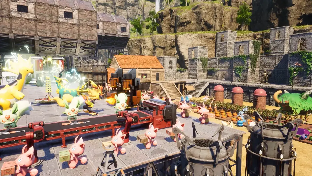 Palworld player character inspecting automated crafting lines in offline solo mode