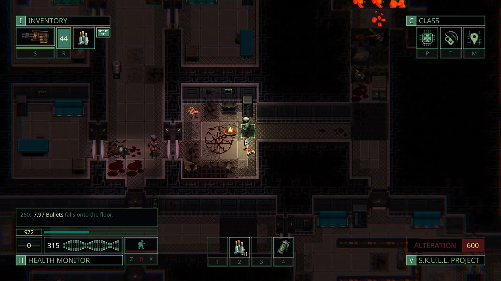 Quasimorph operator cybernetic augmentation interface showing 9 body slots and implant status