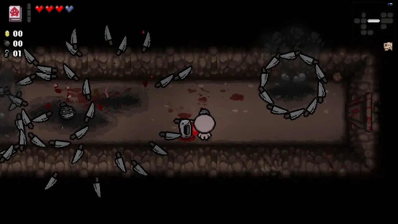 Gameplay screenshot of The Binding of Isaac Repentance showing pedestal items manipulated by Spindown Dice