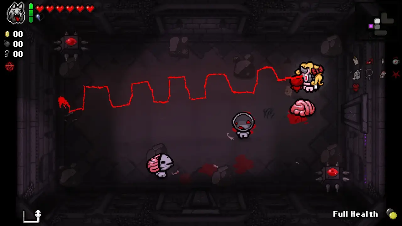 Gameplay of The Binding of Isaac Repentance showcasing room clearance and active trinket mechanics