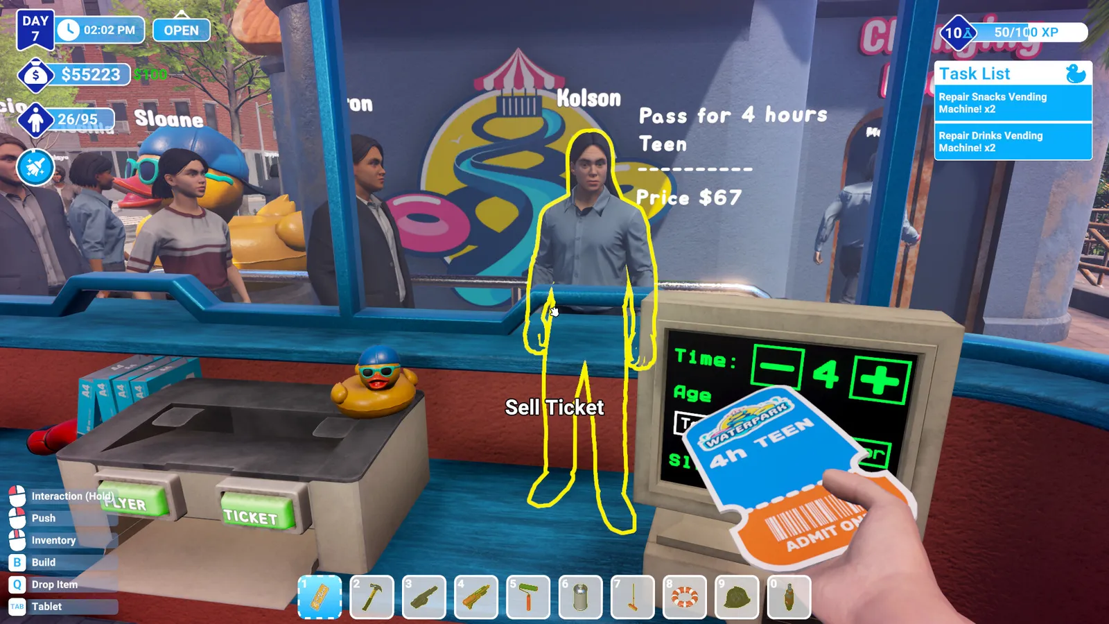 Waterpark Simulator first-person gameplay displaying entrance gates, slides, pools, and guest management tools.