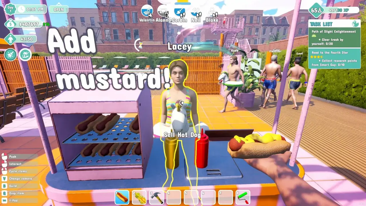 Waterpark Simulator gameplay showing staff members stationed around pools, food stalls, and ticket entrances.