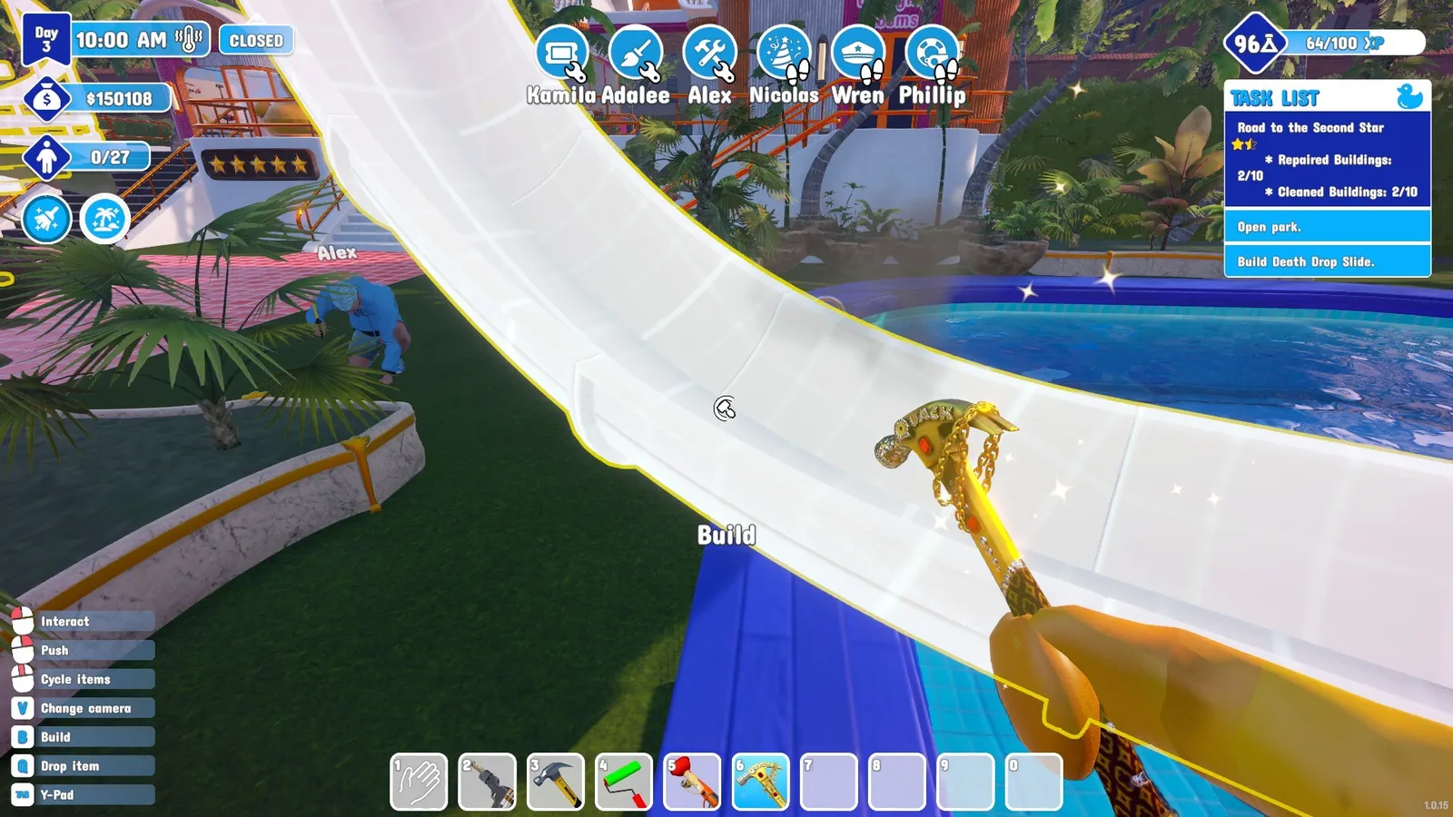 Waterpark Simulator — graffiti and vandal mess the player must clean up.