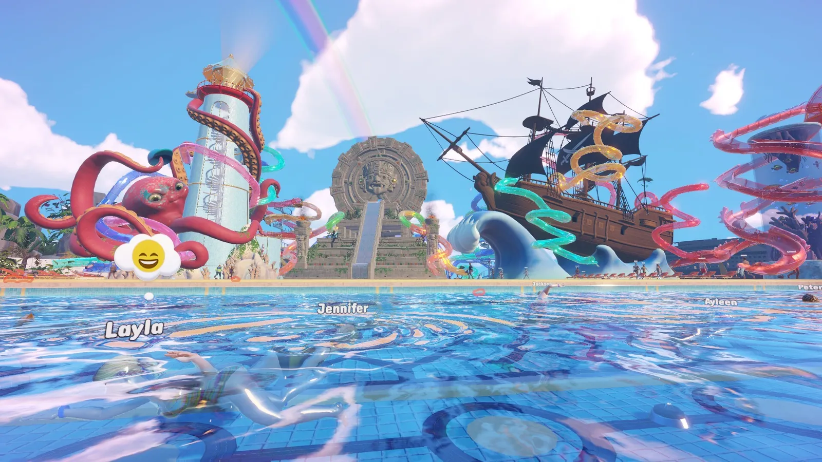 Waterpark Simulator — a dirty pool and overflowing trash cans needing cleaning and maintenance.
